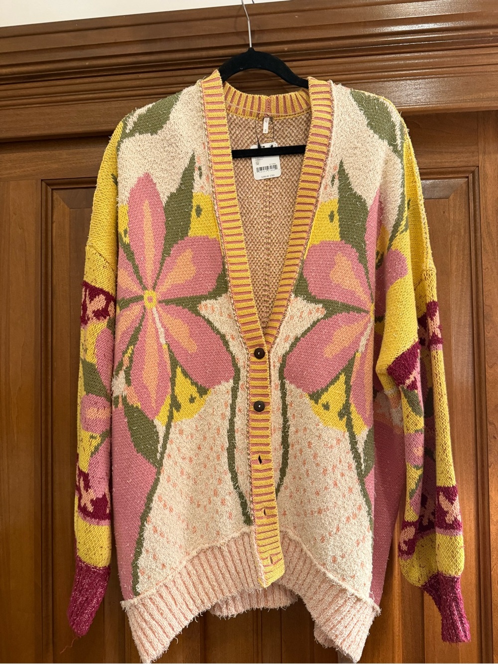 Free People Floral Intarsia Oversized Cardigan - Pink, Yellow, Green